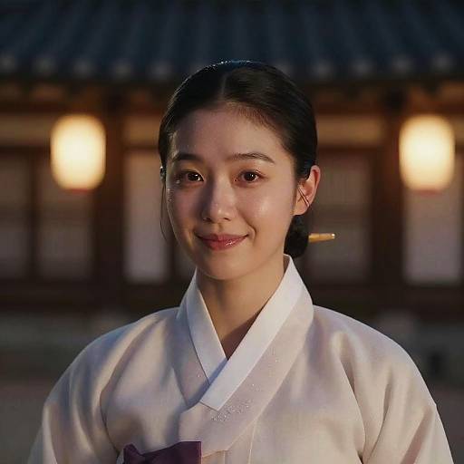 Korean Woman in Traditional Hanbok at Night