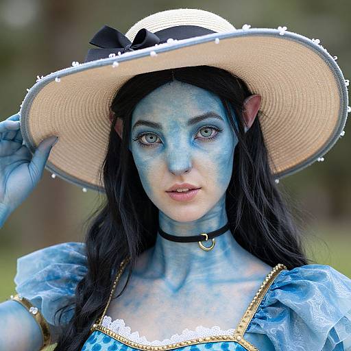 Photograph of a woman with blue face paint, black hair, elf ears, wearing a large beige hat, blue dress, and black choker,