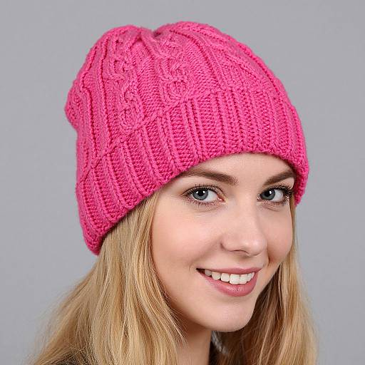 Photograph of a smiling young woman with blue eyes, fair skin, and blonde hair, wearing a bright pink knitted beanie against a plain light
