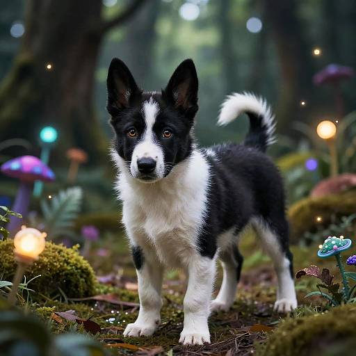 Photograph of a black-and-white Border Collie puppy standing in a magical forest with glowing mushrooms, colorful lights, and moss-covered ground.