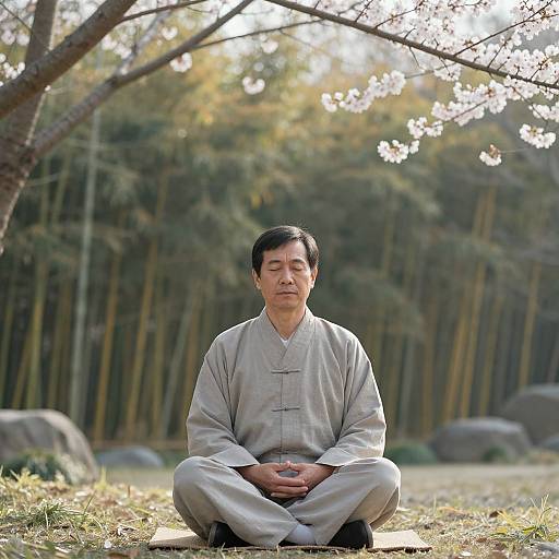 Photograph of an East Asian man with black hair, closed eyes, sitting cross-legged in a traditional white Korean hanbok, in a serene forest