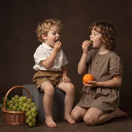 Children Enjoying Grapes and Oranges