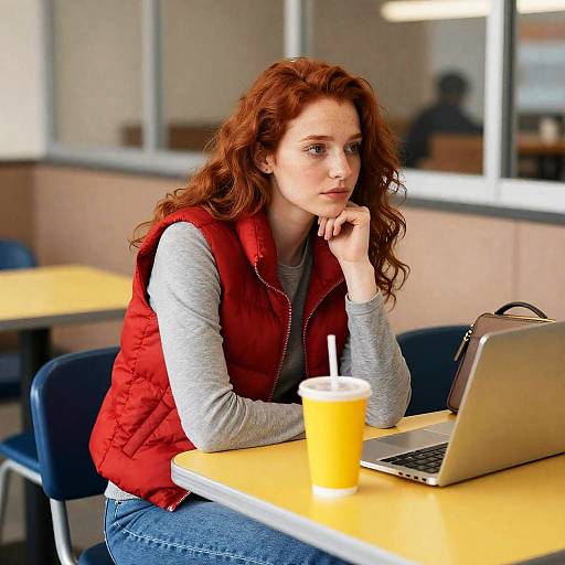 Casual Cafeteria Scene with Red-haired Woman