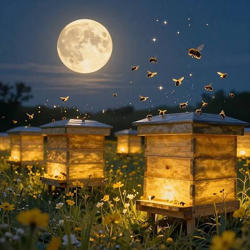 Moonlit Giant Beehives and Ethereal Pollinators