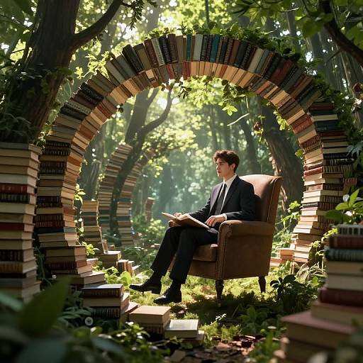 Digital art: A man in a black suit sits in a brown armchair, reading books, surrounded by arches made of stacked books in a sun