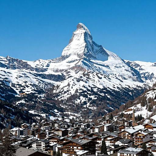 Photograph of a snow-capped mountain peak with a sharp, triangular summit, under a clear blue sky, with a village of wooden houses at its