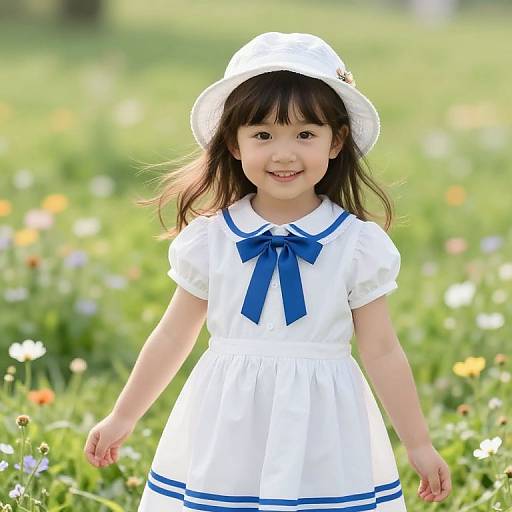 Photograph of a smiling Asian girl with dark hair, wearing a white dress with blue ribbon and hat, standing in a colorful, sunny meadow.