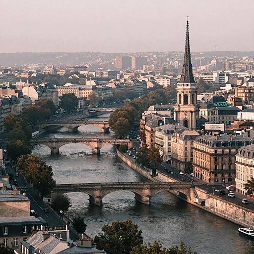 Aerial photograph of Paris: Seine River with arched bridges, Notre-Dame Cathedral with its tall spire, and historic buildings in soft sunlight
