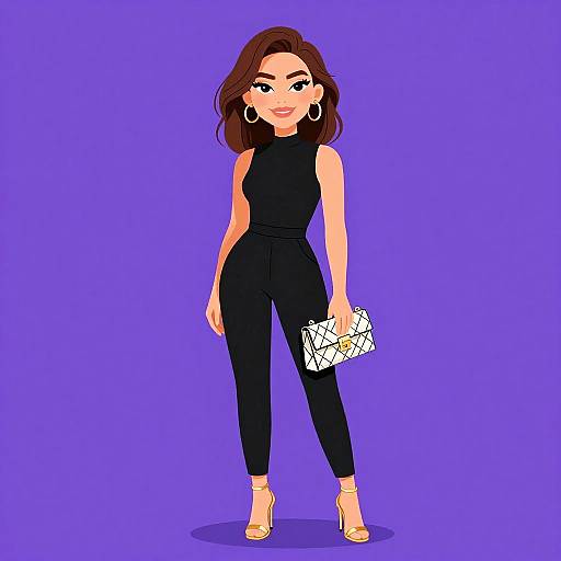 Digital illustration of a confident woman with long brown hair, wearing a black sleeveless jumpsuit, yellow high heels, large hoop earrings, and holding a
