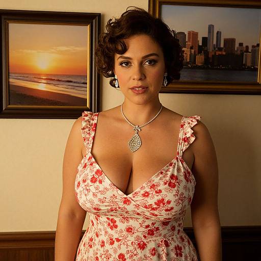 Photograph of a curvy, dark-haired woman with medium skin, wearing a low-cut, floral dress, necklace, and earrings, standing in front