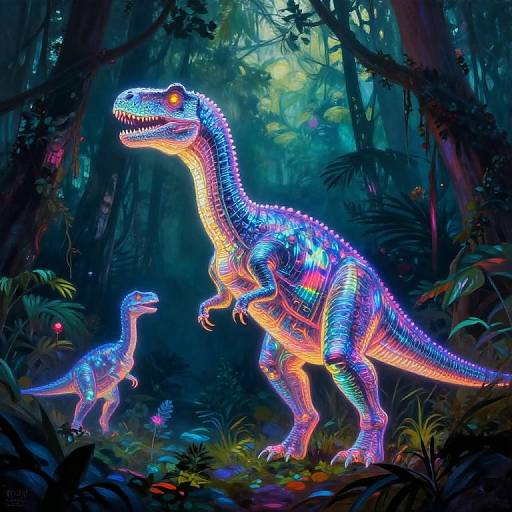 Glow-in-the-dark digital artwork of a vibrant blue and neon orange dinosaur and baby in a dense, dark forest.