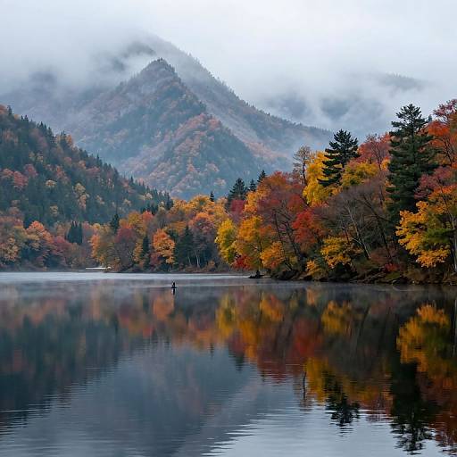 Serene Autumn Lake with Misty Mountains