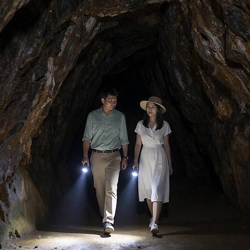 Couple Exploring Dimly Lit Cave Tunnel