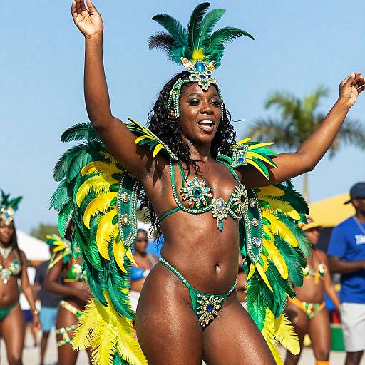 Photograph of an African-American woman in a vibrant green and yellow Carnival costume with feathered wings, beaded jewelry, and a headpiece, dancing
