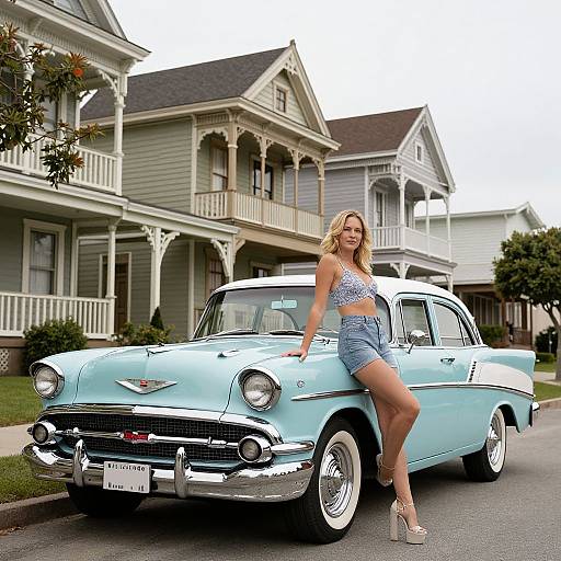 Photograph of a blonde woman in a blue patterned crop top and denim shorts, leaning on a vintage light blue car, in front of Victorian-style