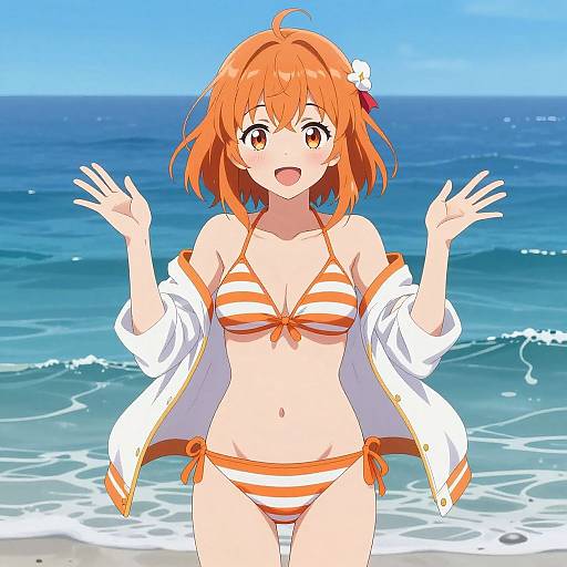Anime Girl in Orange Bikini by Ocean