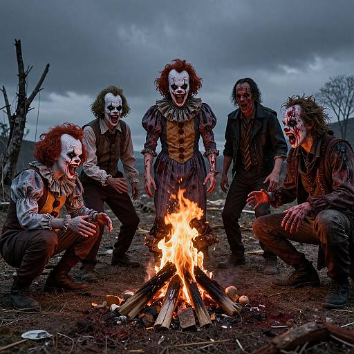 Photograph of five creepy, makeup-covered, wild-haired clowns with blood-stained clothes, crouching around a fire under a stormy sky