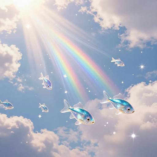 Digital art of two blue, shimmering fish swimming in a bright, sunny sky with fluffy clouds, radiant sunlight, and a visible rainbow.