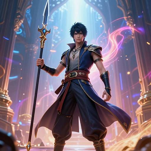 Digital artwork of a young, muscular warrior with blue hair, holding a spear, standing in a radiant, grand cathedral with glowing pink energy swirls and