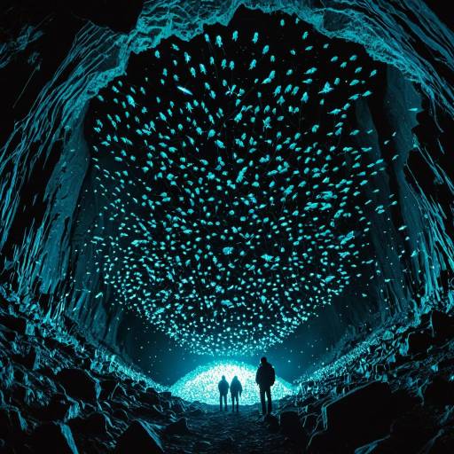 Bioluminescent Insect Swarm Inside Glowing Cavern