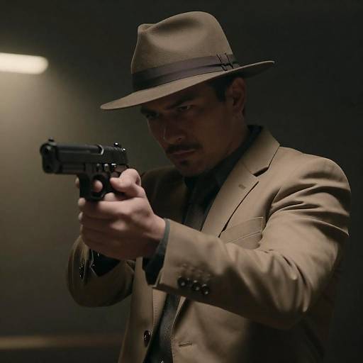 Determined Man with Fedora and Handgun