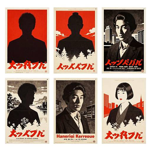 Five vintage Japanese movie posters in black, white, and red, featuring silhouetted and detailed portraits of actors, with Japanese text.