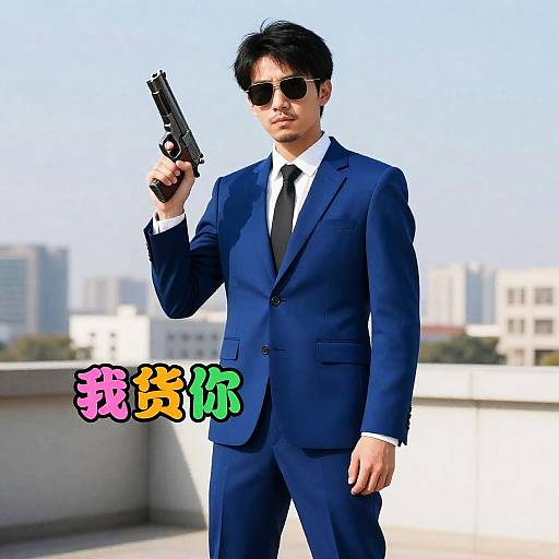Blue Suit Gun Meme in Cityscape