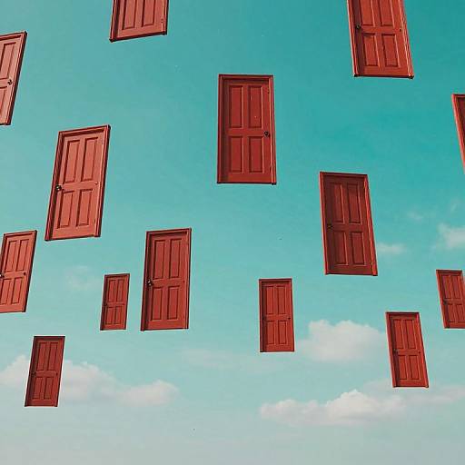 Digital artwork of red, wooden doors floating in a bright blue sky with scattered white clouds. Doors vary in size, creating a surreal, dreamlike atmosphere