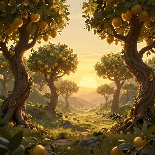 Digital fantasy artwork of a sunlit, golden-orange orchard with twisted, gnarled trees bearing glowing apples, surrounded by lush green grass and scattered