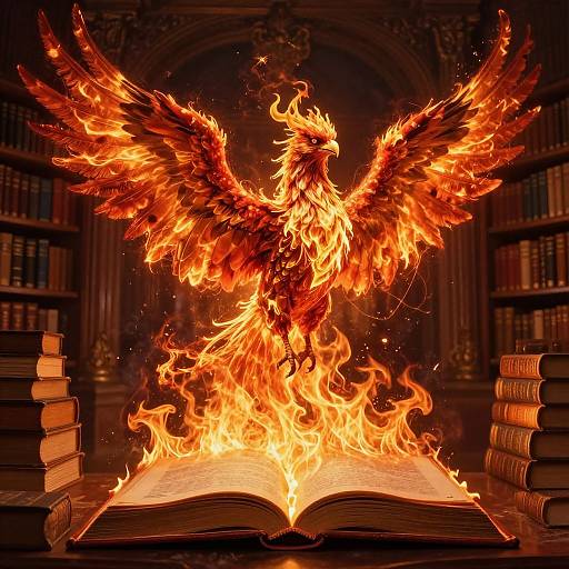 Photograph-style digital artwork: A fiery phoenix with outstretched wings rises from an open book, surrounded by stacked books in a dimly lit library