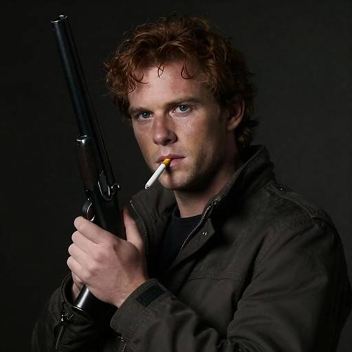 Intense Man with Gun and Cigarette