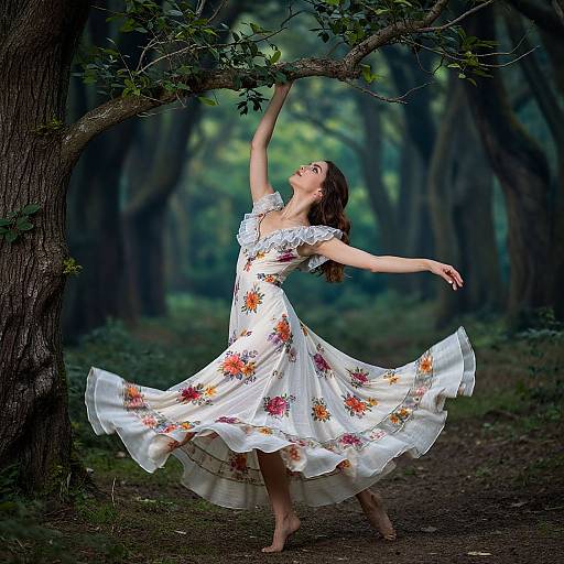 Photograph of a young woman in a white floral dress, dancing barefoot in a forest, reaching up to a tree branch.