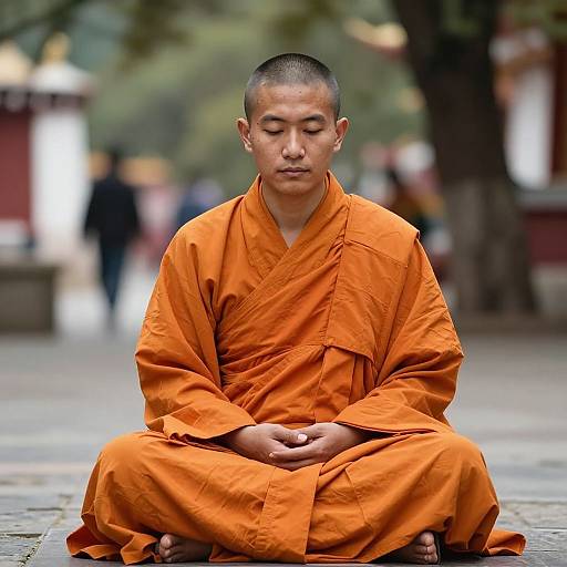 Photograph of a serene Asian male Buddhist monk, sitting cross-legged on a stone pathway, wearing an orange robe, with closed eyes, in a blurred