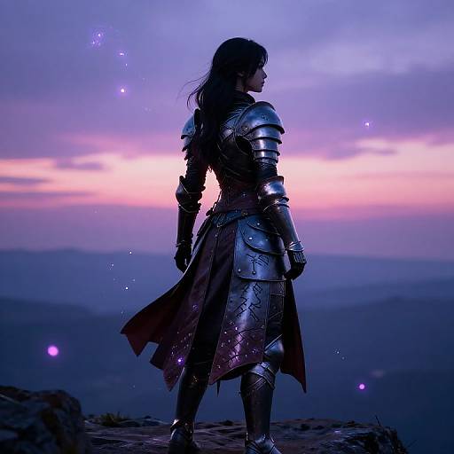 Silhouetted female warrior in detailed, reflective armor stands at dusk on a rocky mountain, surrounded by glowing purple star-like lights.