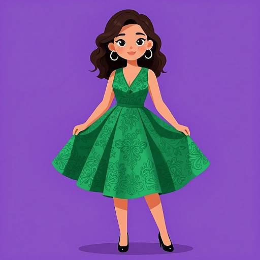 Cartoon-style illustration of a smiling woman with wavy brown hair, wearing a green floral dress, black heels, and white earrings, standing against a