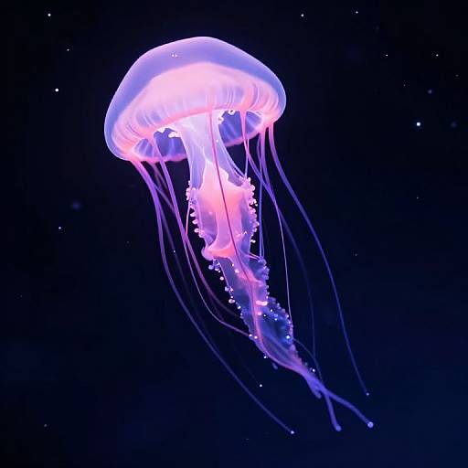 Photograph of a glowing, translucent jellyfish with pink and purple hues, floating in a dark blue, star-speckled ocean.