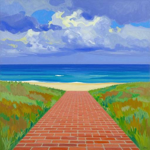 Bright, colorful painting of a red brick path leading to a sandy beach with vibrant green grass, blue ocean, and a dramatic cloudy sky.