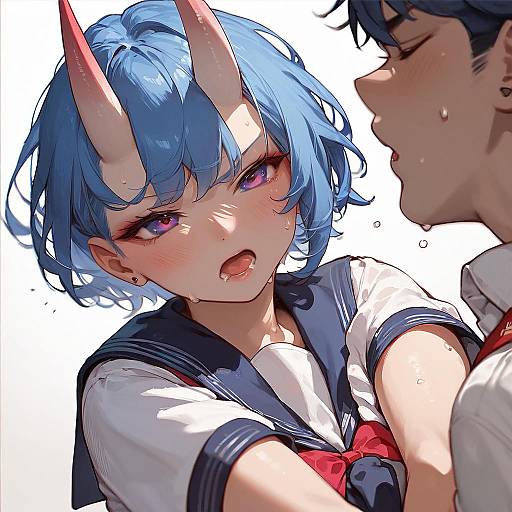Digital anime-style illustration of a blue-haired, horned girl with purple eyes, sweat-drenched, in a sailor uniform, leaning close to a bl