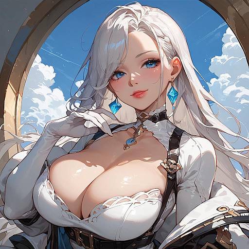 Digital anime-style drawing of a white-haired woman with large breasts, blue eyes, and blue diamond earrings, wearing a white blouse and black corset,