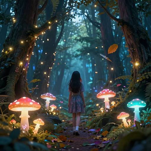 Girl Exploring Magical Neon Forest