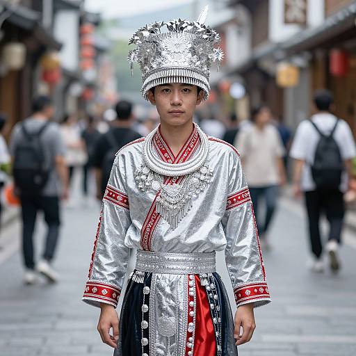 Photograph of a young Asian man in a silver traditional Chinese costume with red and black accents, wearing a tall, intricate silver hat, standing in a