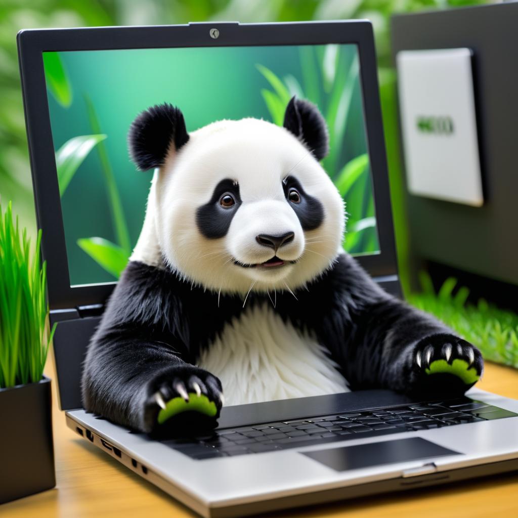 Panda Working on a Laptop in Detail