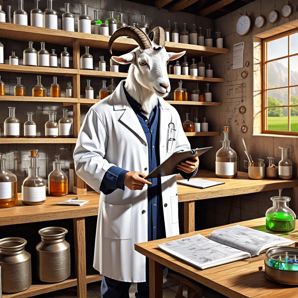 Goat Scientist in a Rustic Lab