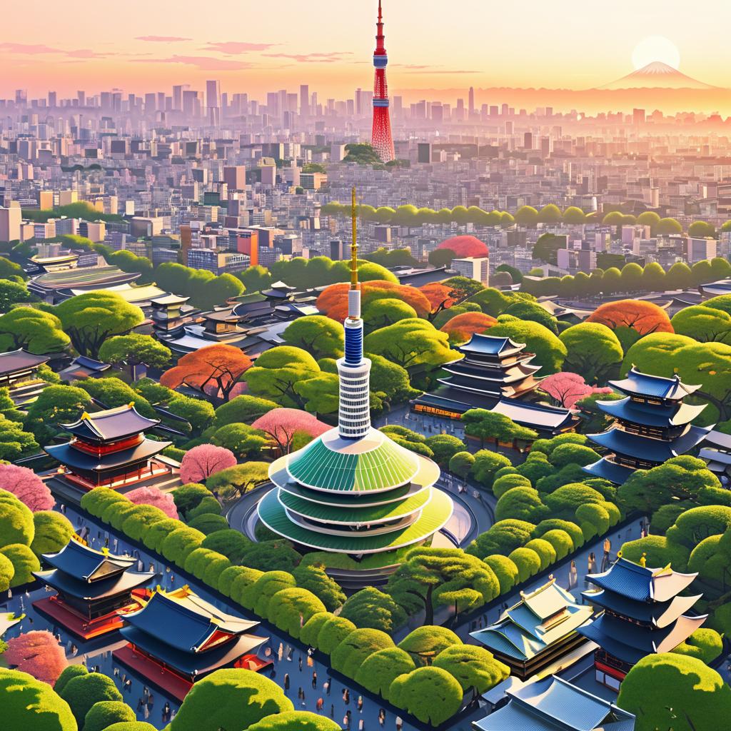 Illustrative Sunset View of Tokyo Landmarks