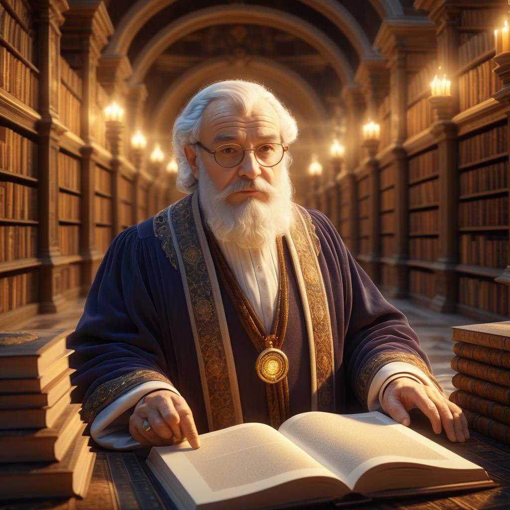 Elderly Scholar in an Ancient Library