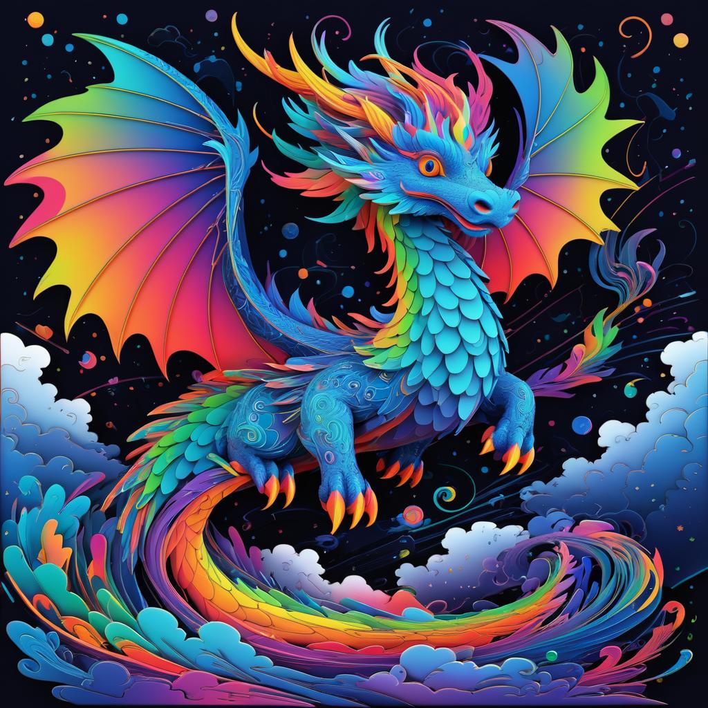 Whimsical Dragon in Rainbow Clouds