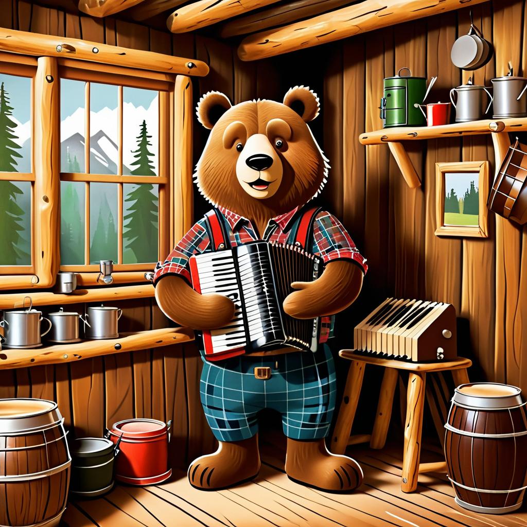 Playful Bear in a Rustic Cabin Scene