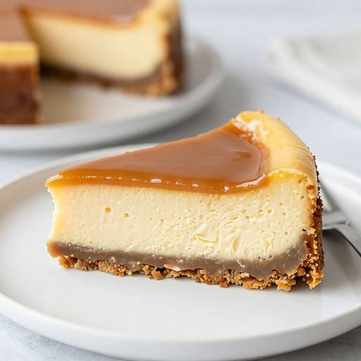 Photograph of a slice of creamy, caramel-topped cheesecake with a crunchy brownie crust, on a white plate, with a blurred background.