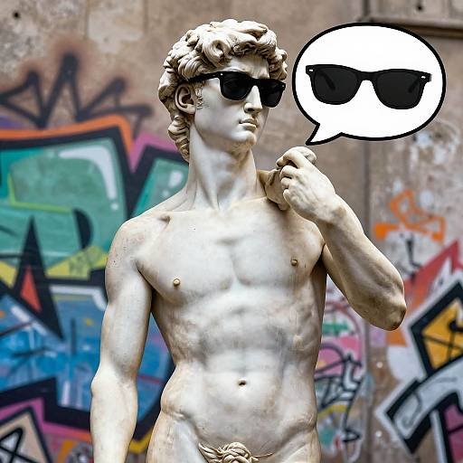 Photograph of a muscular, white marble statue of a classical male figure wearing dark sunglasses, set against a colorful graffiti wall. A speech bubble with sunglasses
