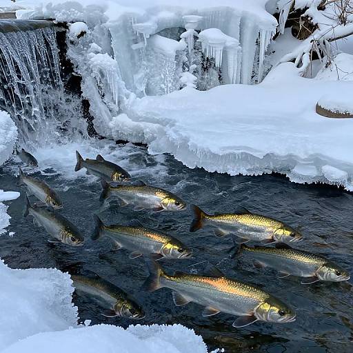 Photograph of six rainbow trout swimming in icy, snow-covered waterfall stream, with icicles hanging above and reflecting sunlight.